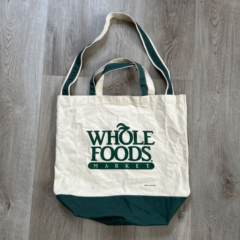 Whole Foods Market Tote Made In USA Vintage 90s Green Bottom Shoulder Carry Bag